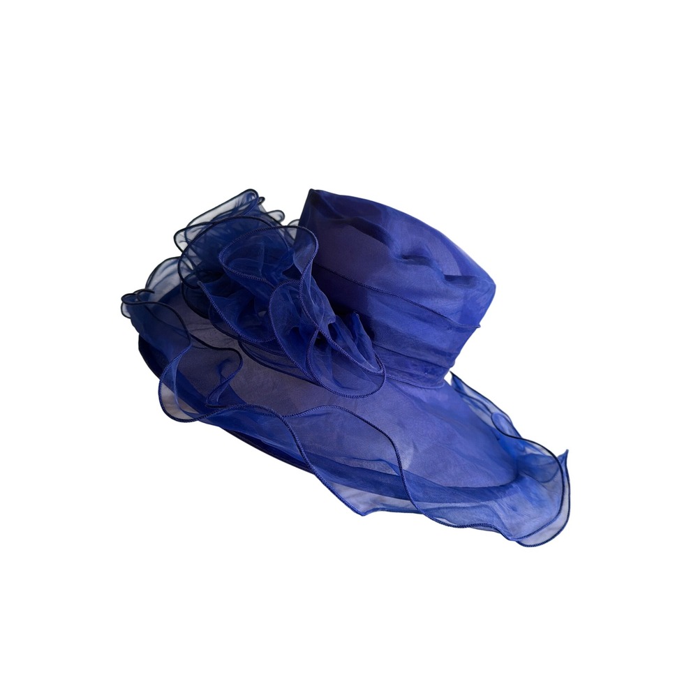 Forbusite Sun Hat Royal Blue Organza Wide Brim Ruffled Floral Derby Wedding 57cm